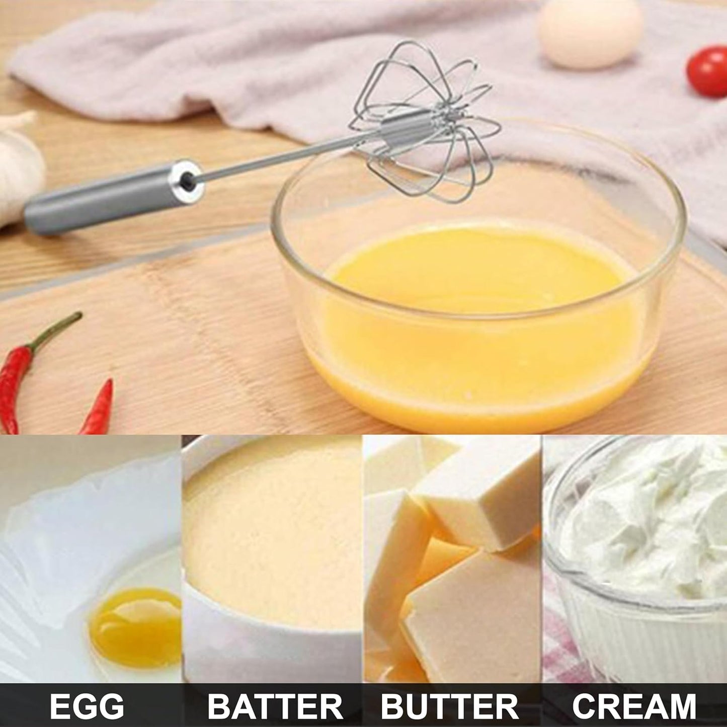 Effortlessly Blend with Our Premium 10-Inch Stainless Steel Semi-Automatic Whisk – Perfect for Eggs, Batters, and More!