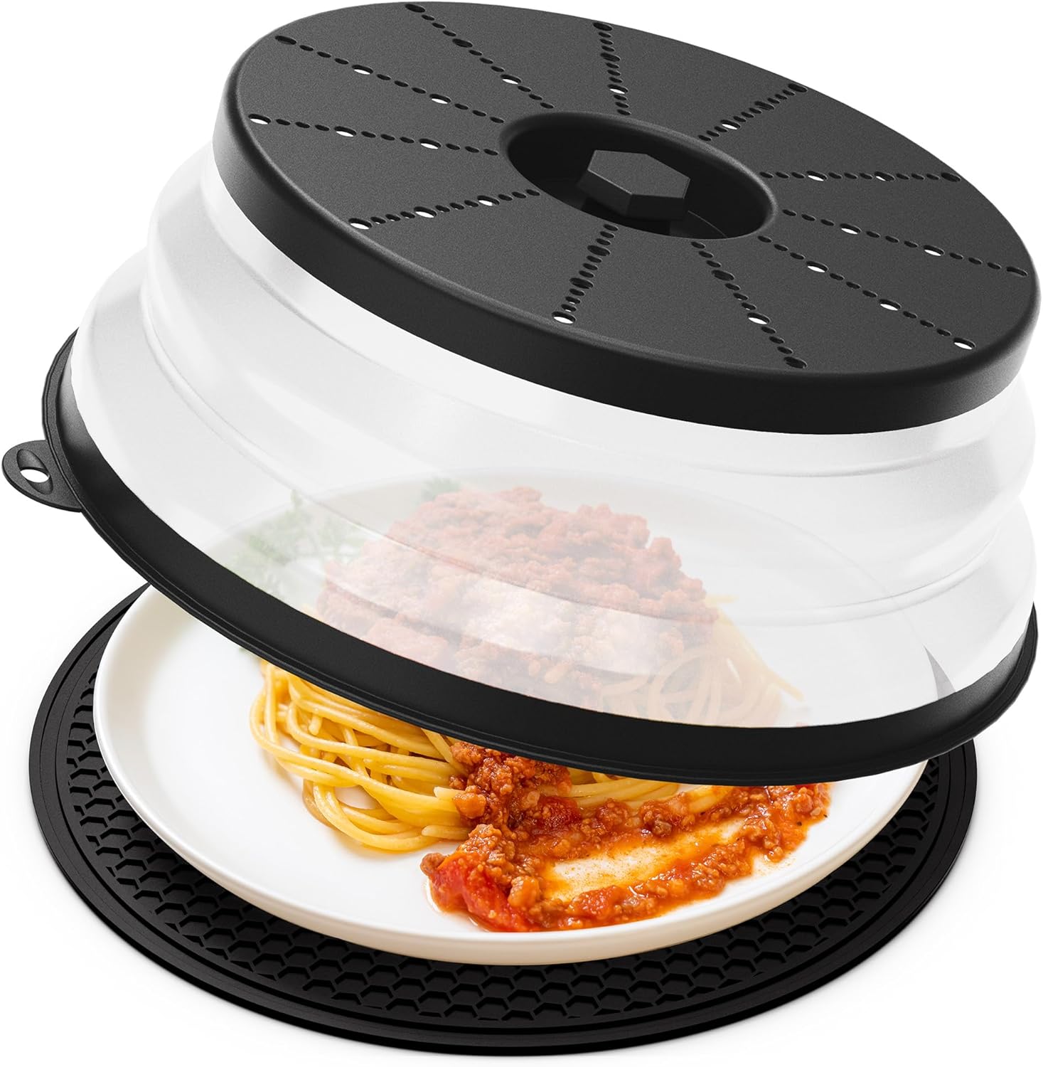 Elevate Your Cooking Experience with the Microwave Splatter Cover & Silicone Kitchen Mat Set - Space-Saving, Easy to Clean, and Stylish in Black
