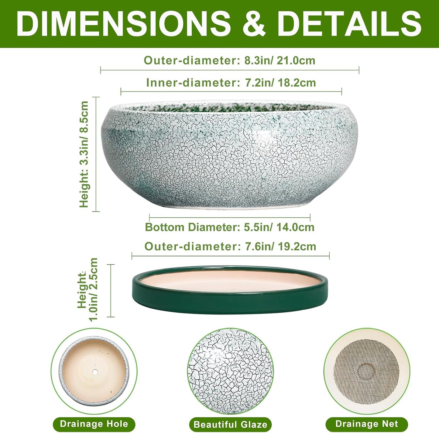 Bonsai Tree Pots - 8 Inch Ceramic Succulent Pot with Drainage Hole and Tray, Bonsai Pots, Shallow Planters for Indoor Outdoor, round Planter Bowl, House Decor, Gifts for Plant Lovers, Green