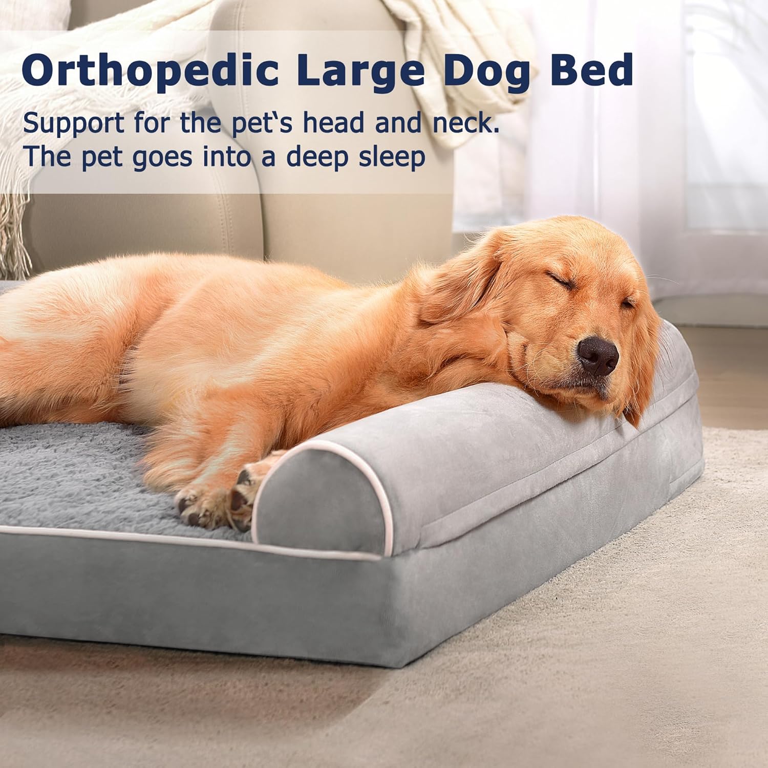 Luxurious Orthopedic Large Dog Bed with Waterproof Lining, Removable Washable Cover, and Non-Skid Bottom in Elegant Grey