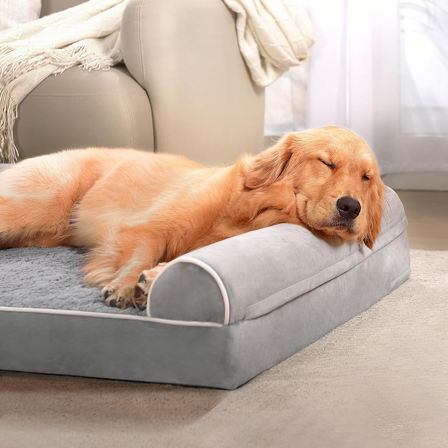 Luxurious Orthopedic Large Dog Bed with Waterproof Lining, Removable Washable Cover, and Non-Skid Bottom in Elegant Grey