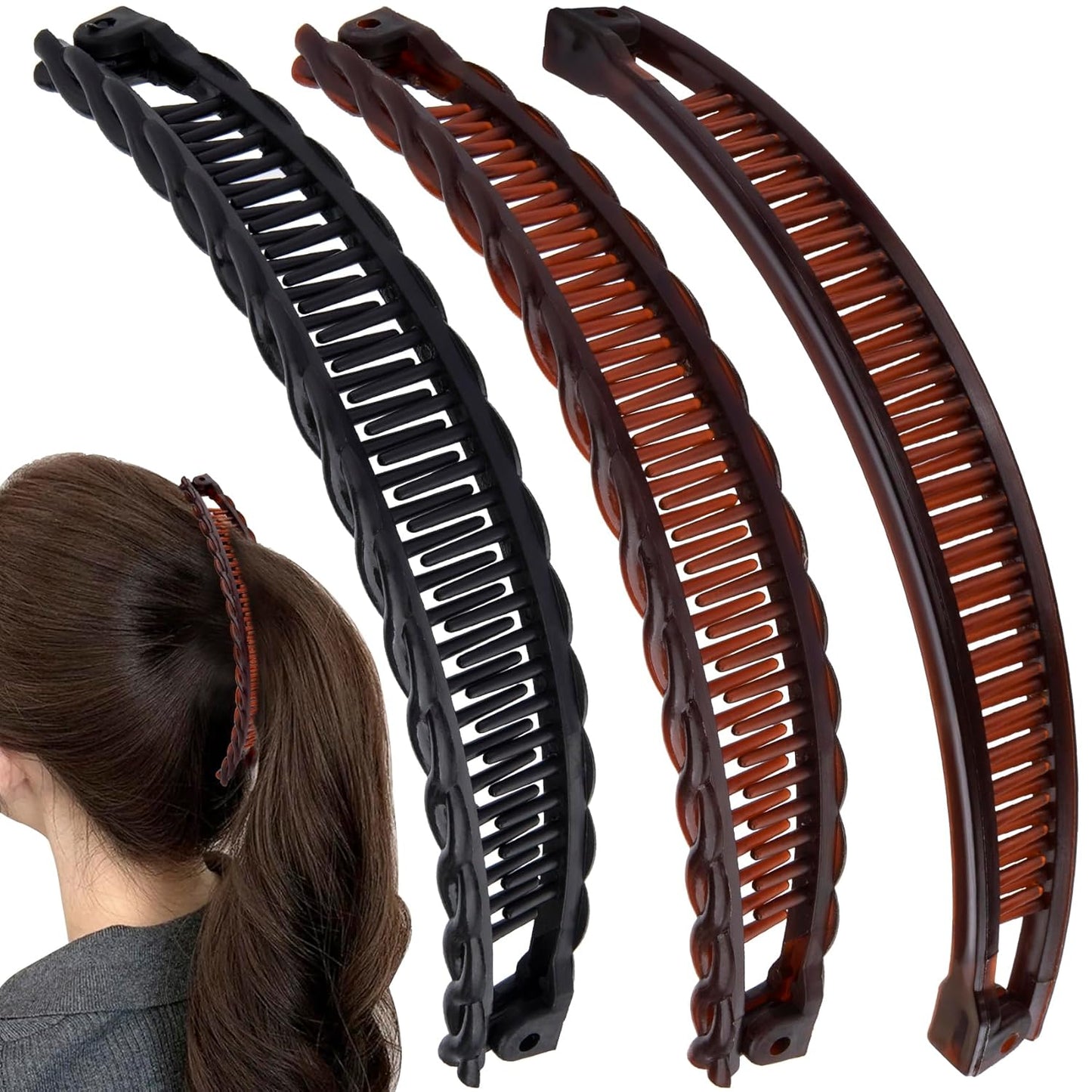 Elevate Your Style with the Set of 3 Classic Double Banana Hair Clips - Large Non-Slip Claw Accessories in Black, Brown, and Glossy Brown!