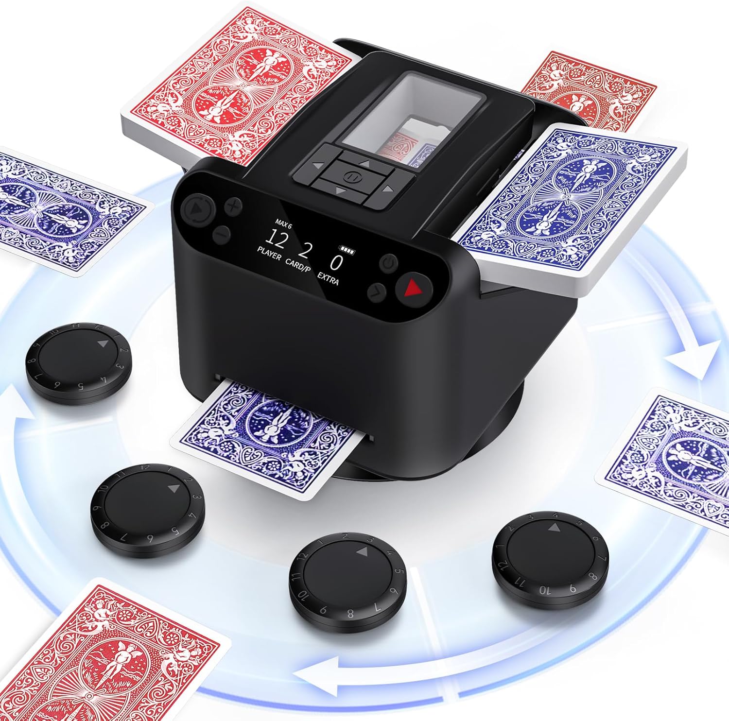 Revolutionary Automatic Card Shuffler & Dealer for Up to 12 Players - Effortless Gaming with 360°/180° Dealing, Remote Controls, and Custom Modes!