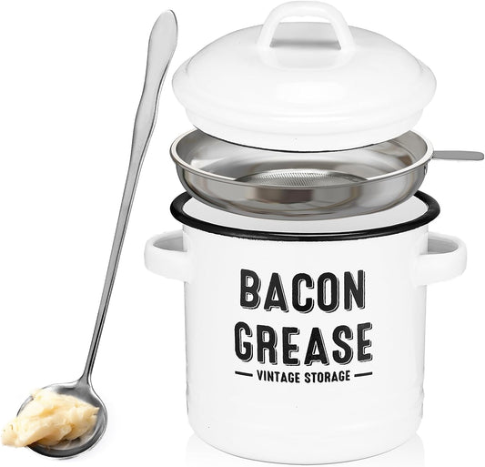 Charming Farmhouse Bacon Grease Storage Canister - 46 oz Dishwasher Safe with Strainer and Spoon for Effortless Cooking