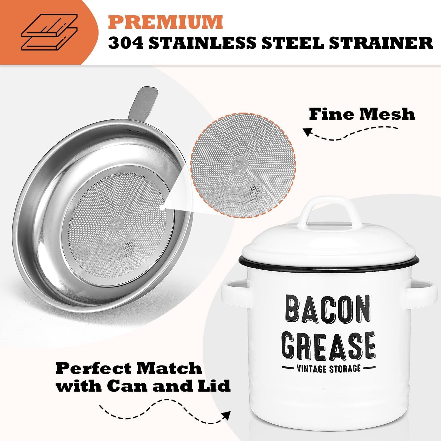 Charming Farmhouse Bacon Grease Storage Canister - 46 oz Dishwasher Safe with Strainer and Spoon for Effortless Cooking