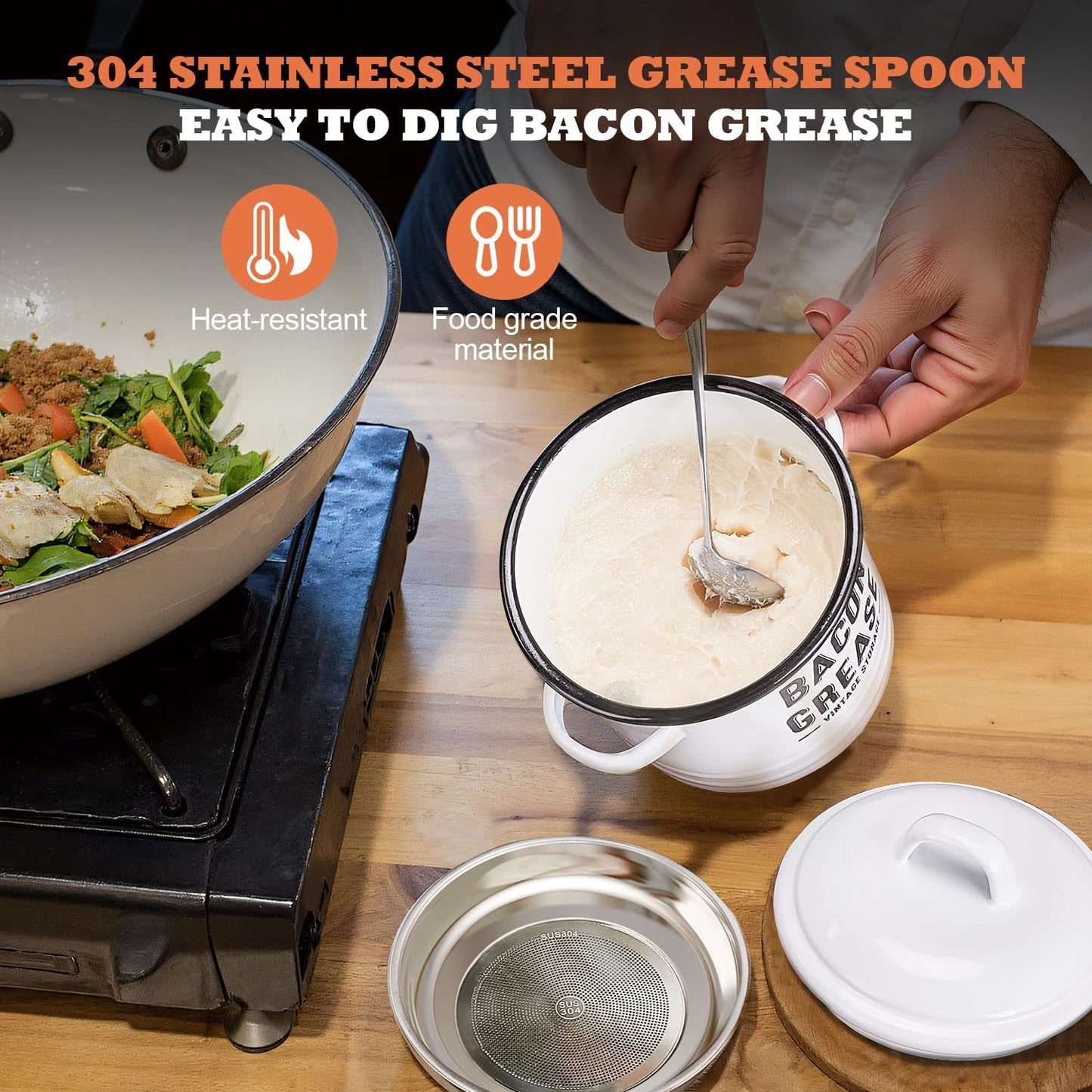 Charming Farmhouse Bacon Grease Storage Canister - 46 oz Dishwasher Safe with Strainer and Spoon for Effortless Cooking