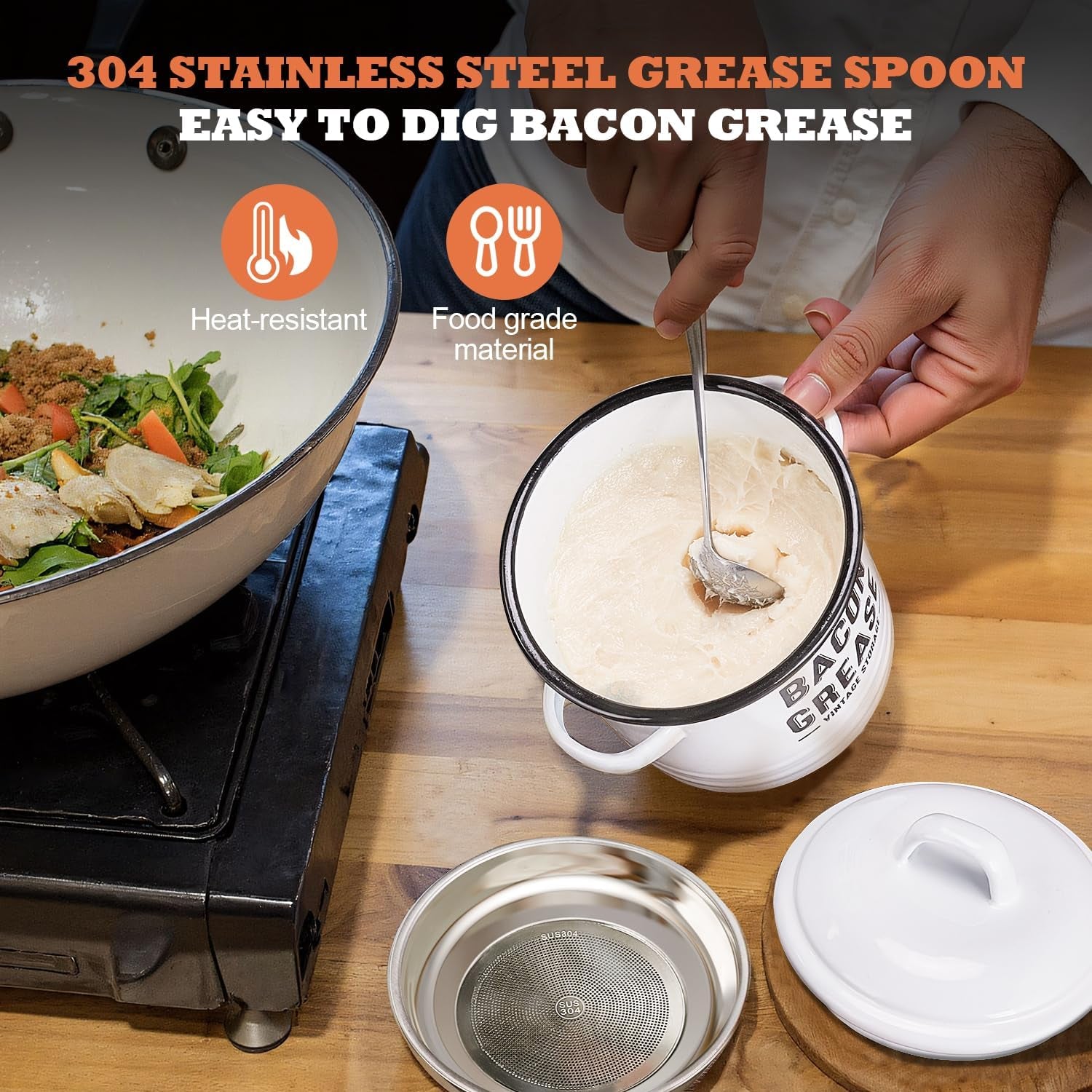 Charming Farmhouse Bacon Grease Storage Canister - 46 oz Dishwasher Safe with Strainer and Spoon for Effortless Cooking